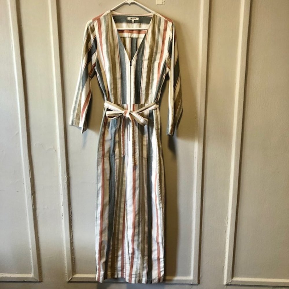 Madewell V-Neck Tie-Waist Jumpsuit in New March Stripe Rusted Tin